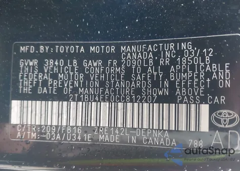 2012 Toyota Corolla Le from USA, damaged, VIN 2T1BU4EE0CC812207